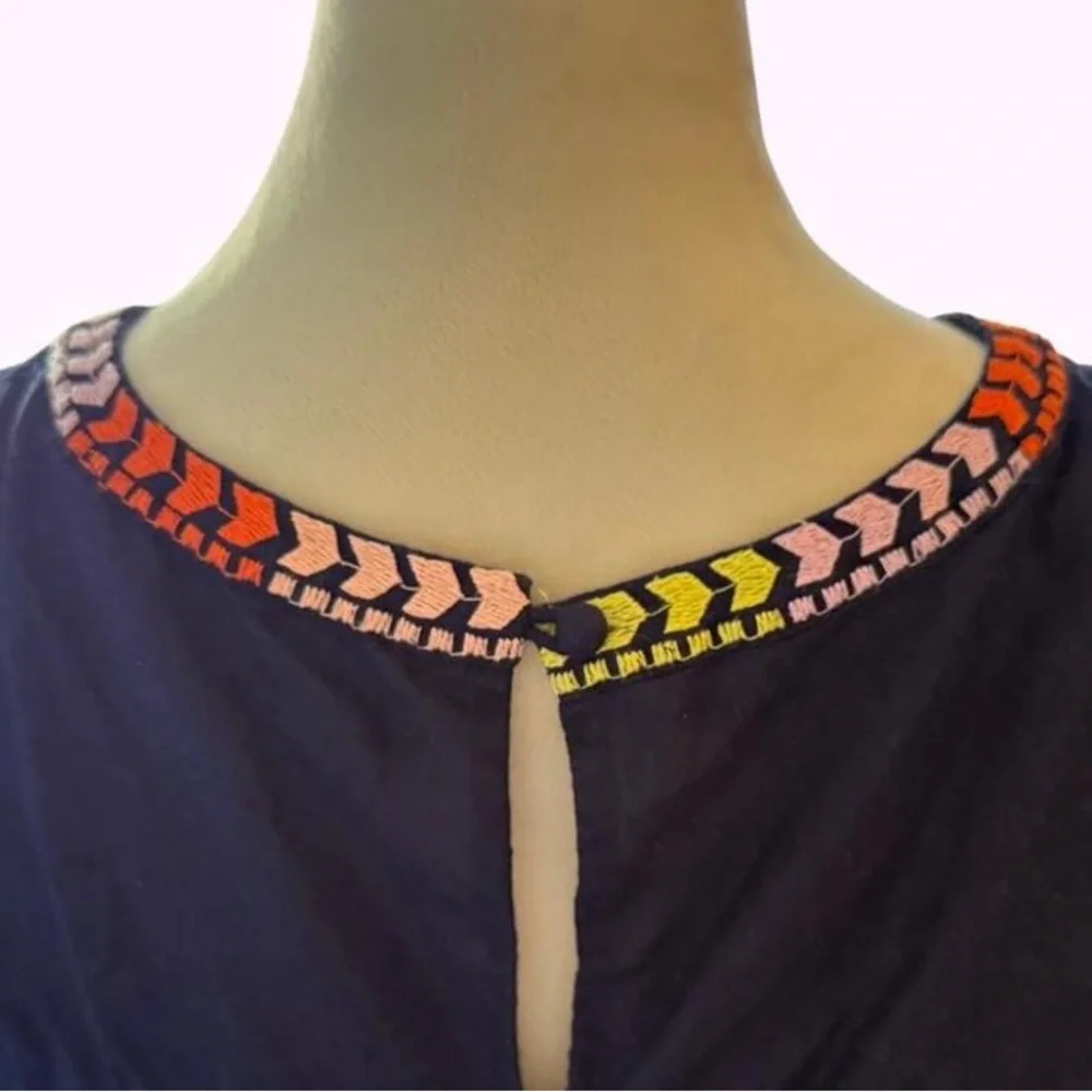 J Crew Navy Blue Floral Embroidered Linen Cotton Blend Shift Dress - Size 2 - Picture 3 of 8